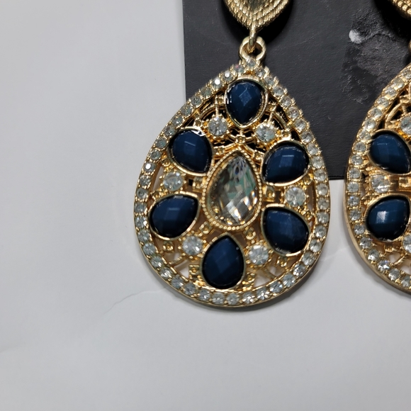 INC Gold Navy Blue Tear Drop Earrings Large - Picture 4 of 5